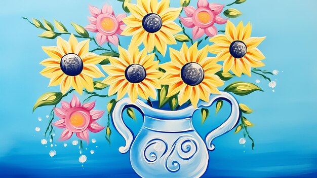Los girasoles alegres florecen en una jarra azul