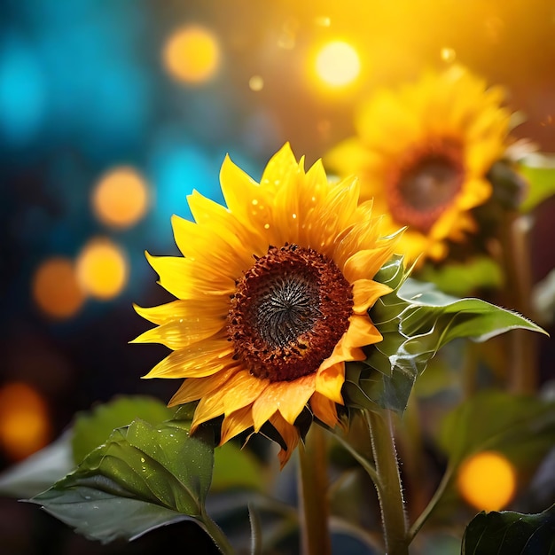 Girasoles con bokeh brillando en el fondo de la IA generativa