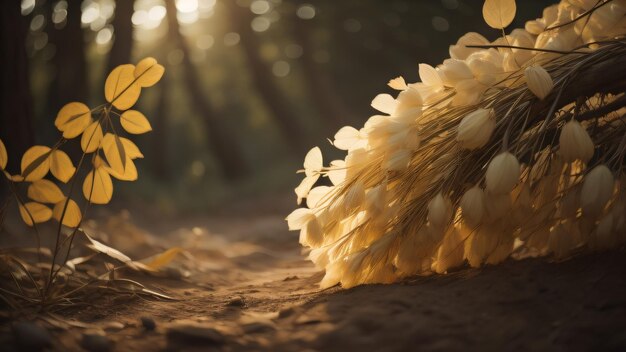 Girasoles en el bosque con el sol brillando en el suelo