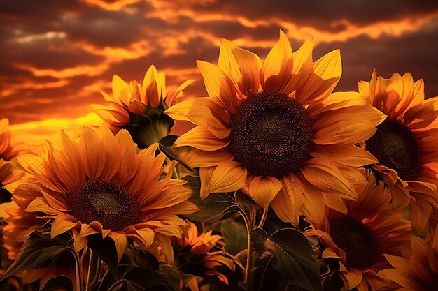 Los girasoles de brillo dorado en el crepúsculo