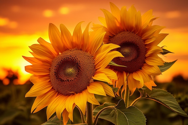 Los girasoles de brillo dorado en el crepúsculo