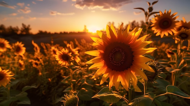 Girasoles en un campo al atardecer con la puesta de sol detrás de ellos