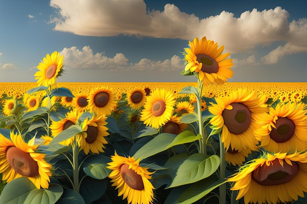 Girasoles en un campo con un cielo azul detrás de ellos