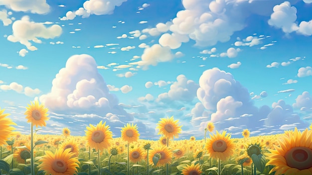 girasoles en un campo con nubes y girasoles