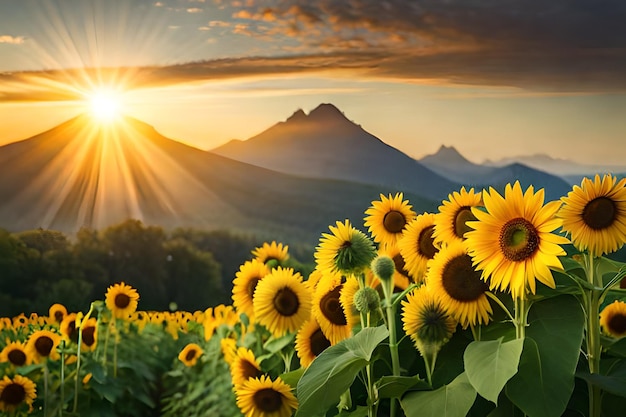 Girasoles en un campo con la puesta de sol detrás de ellos