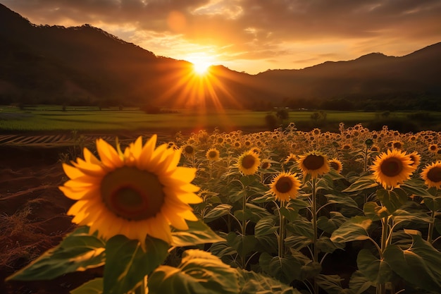 Girasoles en un campo con la puesta de sol detrás de ellos