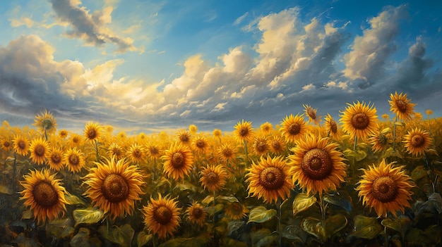 girasoles bajo un cielo nublado gran campo de sol soñando con un lugar lejano vista expansiva color