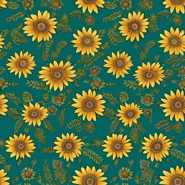 Foto girasoles sin costuras sobre un fondo verde ai generativo