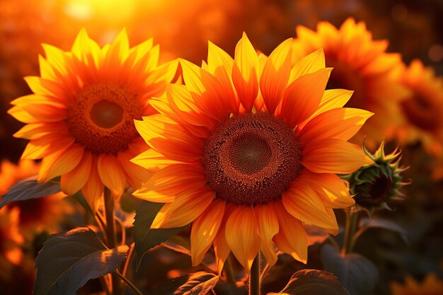 Los girasoles dorados brillan en la hora dorada