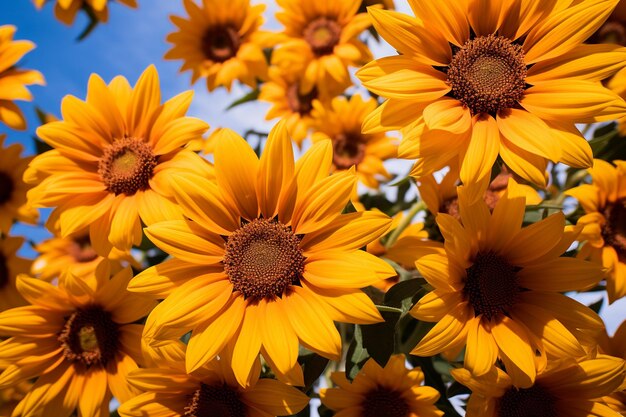 Los girasoles dorados miran hacia arriba