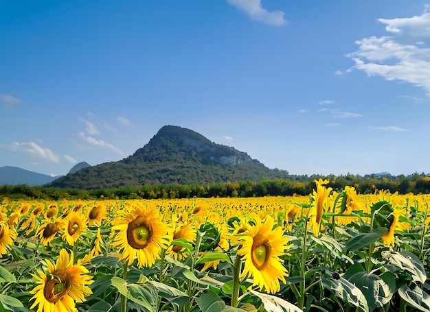 Los girasoles florecen en el campo de girasoles con una gran montaña y un fondo de cielo azul