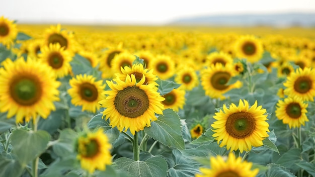 Girasoles florecientes en el campo de la tarde al atardecer