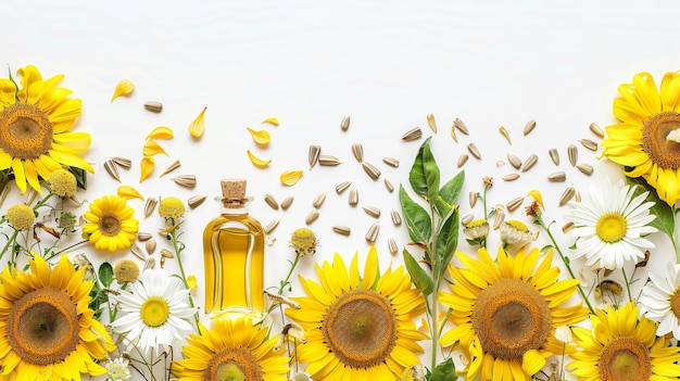 girasoles en un fondo blanco con un montón de semillas amarillas