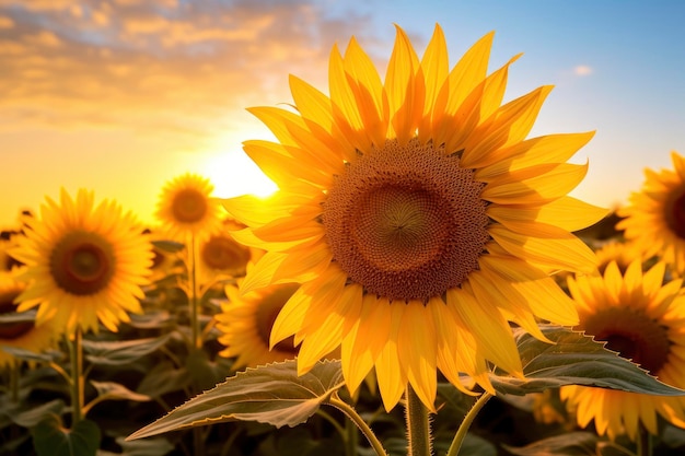 Girasoles girando hacia el sol en la suave luz de la mañana