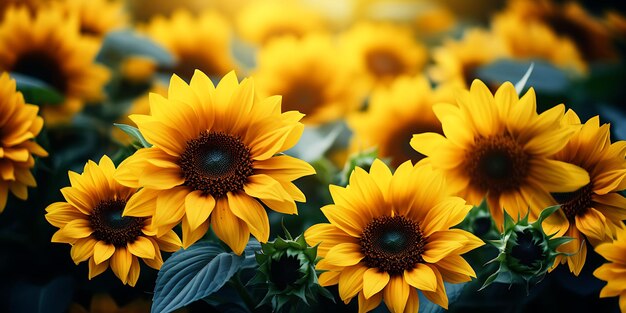 Girasoles con hojas verdes en fondo bokeh Copiar espacio