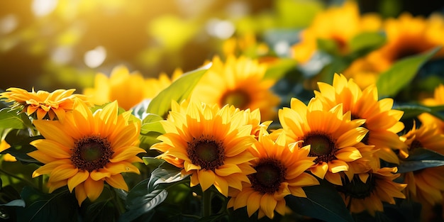 Girasoles con hojas verdes en fondo bokeh Copiar espacio