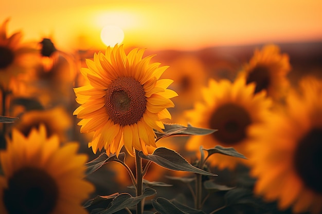 Los girasoles de la hora dorada en la luz del atardecer