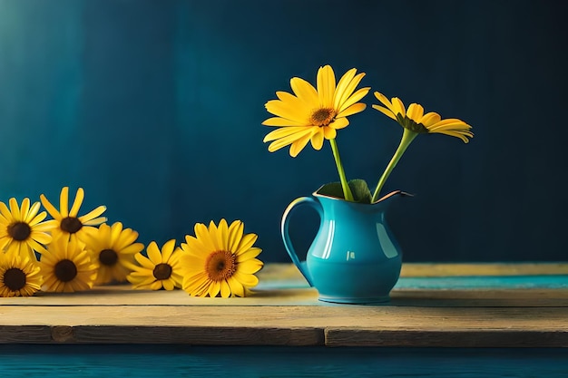 girasoles en un jarrón azul con fondo azul.