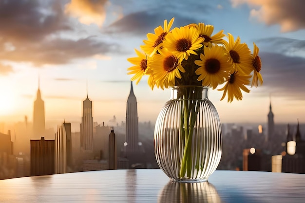 Girasoles en un jarrón sobre una mesa con el horizonte al fondo.