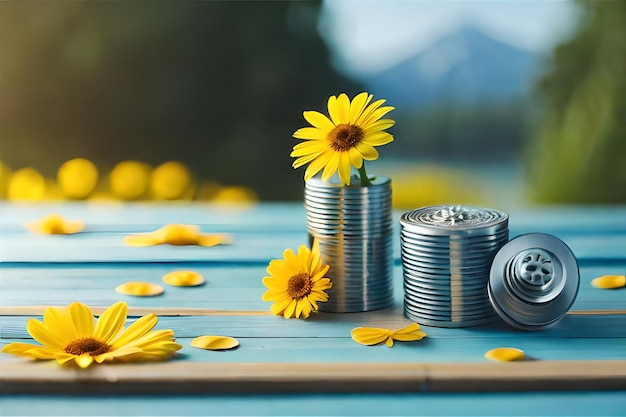 Girasoles y latas sobre una mesa con girasoles y una lata plateada de monedas de plata.