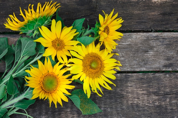 Girasoles en una mesa de madera