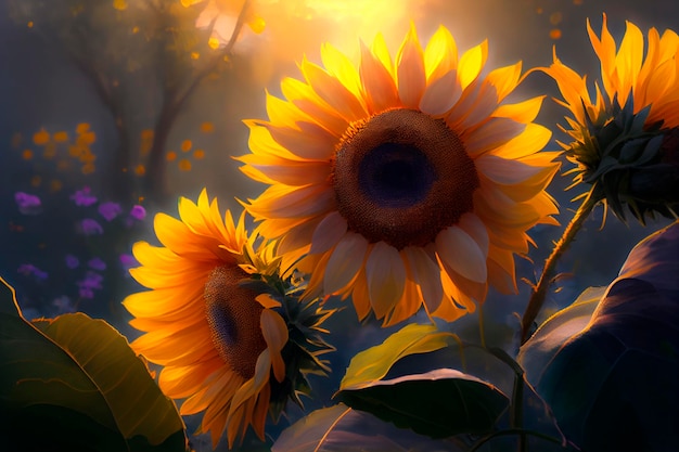 Girasoles en plena floración y luz por la mañana.