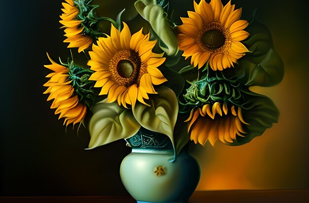 Girasoles precioso lienzo pintura al óleo jarrones de girasoles basados en la pintura de gogh Foto AI generado