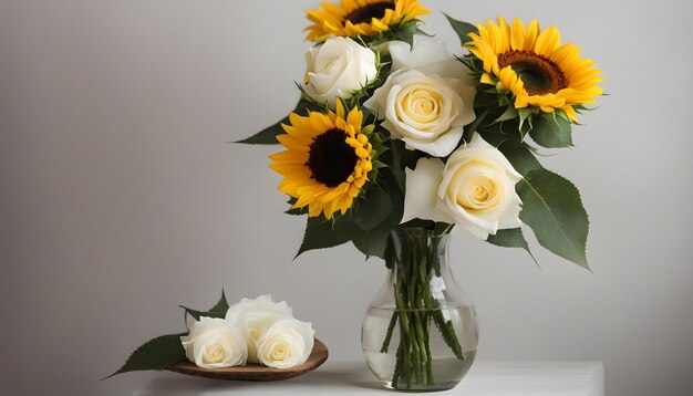 Girasoles con rosas en un jarrón