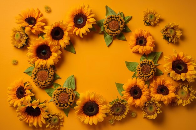 Girasoles sobre un fondo amarillo con hojas verdes