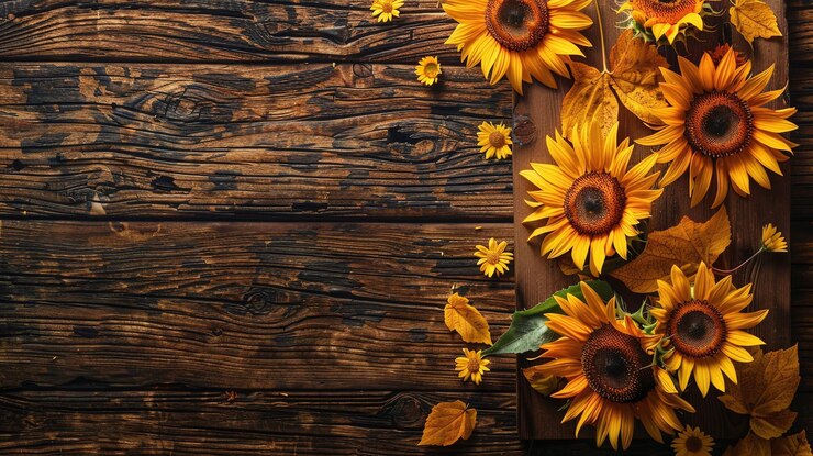 girasoles sobre fondo de madera con fondo de madera