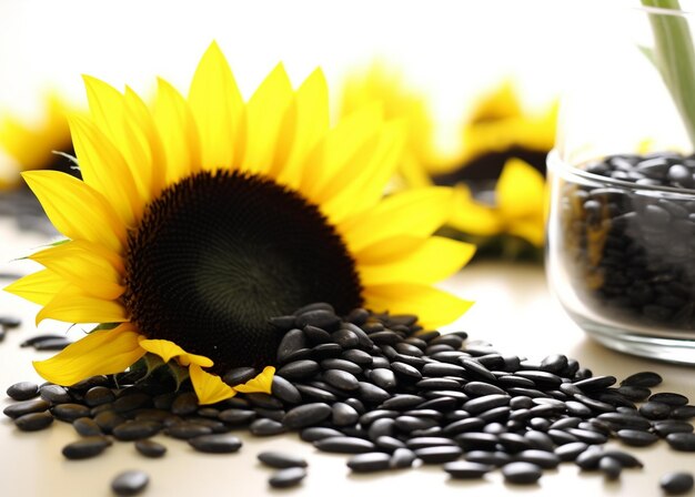 girasoles y un vaso de café sobre una mesa con semillas de girasol