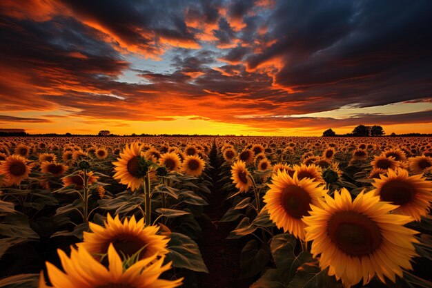 Girasoles vibrantes bajo un cielo nublado generativo IA