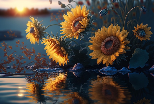 Girassóis amarelos com reflexo na água excelente fundo de flores de verão generativo ai