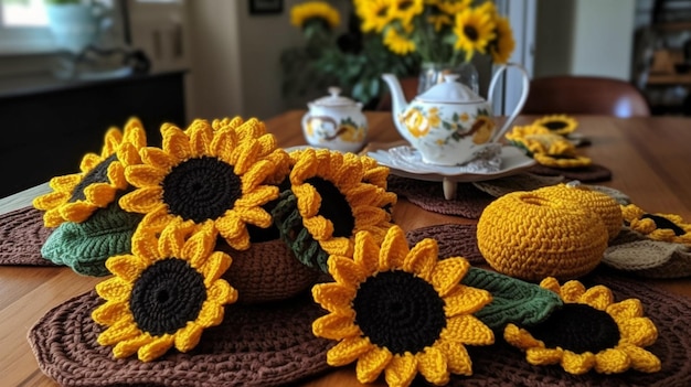 Girassóis de crochê sobre uma mesa com um bule e um vaso de flores ao fundo