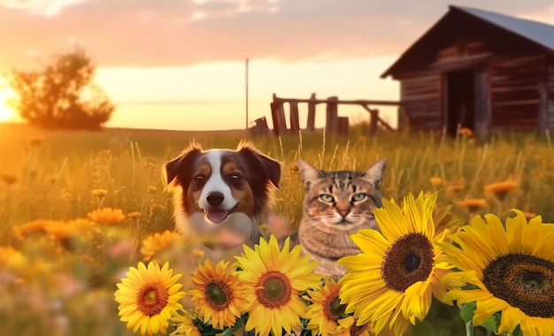 girassóis e gato e cachorro no pôr-do-sol campo de verão cabana de madeira no horizonte campo