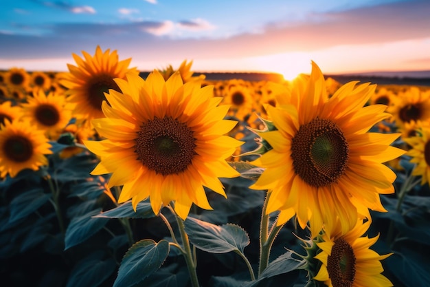 Girassóis em um campo ao pôr do sol