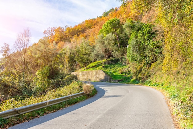 Gire en una estrecha carretera asfaltada en las montañas