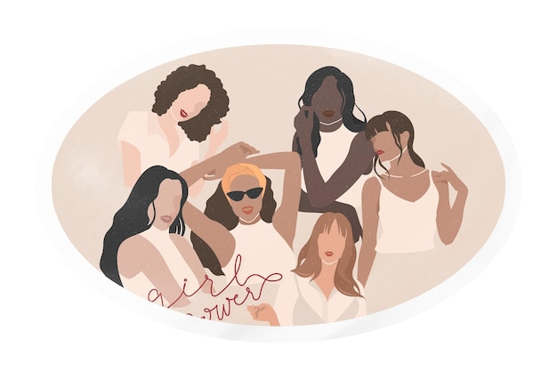 Girl power kurziv Handschrift vielfältige Frauen ovaler Clipart auf durchsichtigem Hintergrund