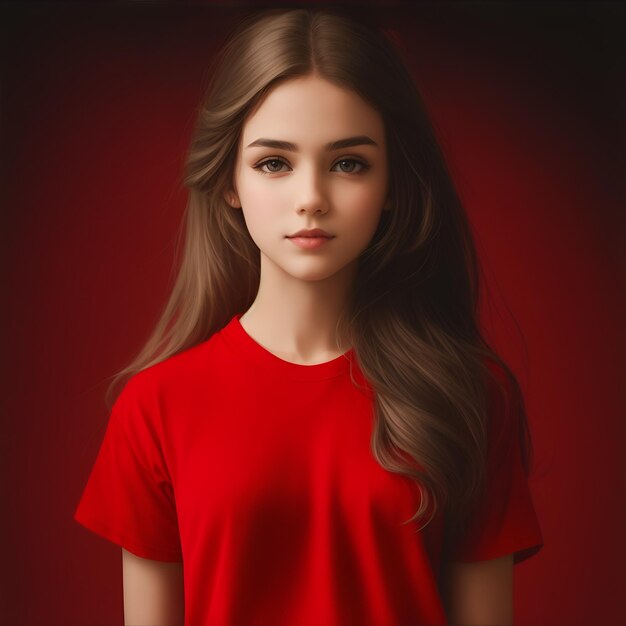 girl_wearing_red_plain_tshirt