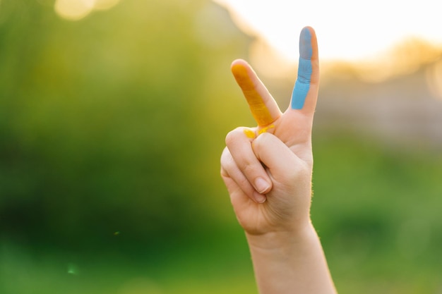 Girl39s Hände, die Siegeszeichen zeigen, malten Finger in der ukrainischen Flagge, Siegesgeste, politische Position und Überzeugungen