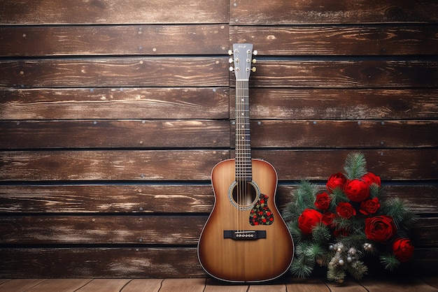 Gitarre auf weihnachtlich geschmückter hölzerner Hintergrund, der mit generativen KI-Tools erstellt wurde