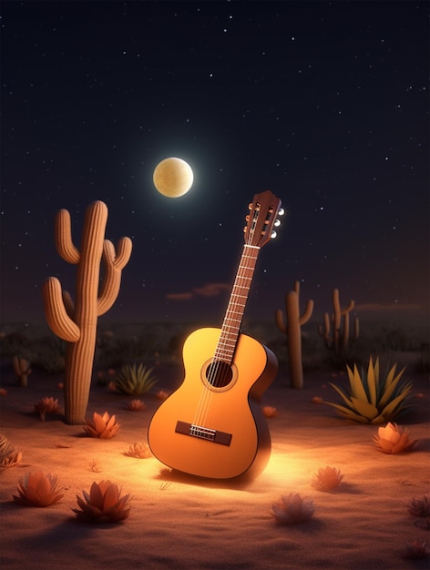 Gitarre im Desserthintergrund mit Lichtern und Kaktus