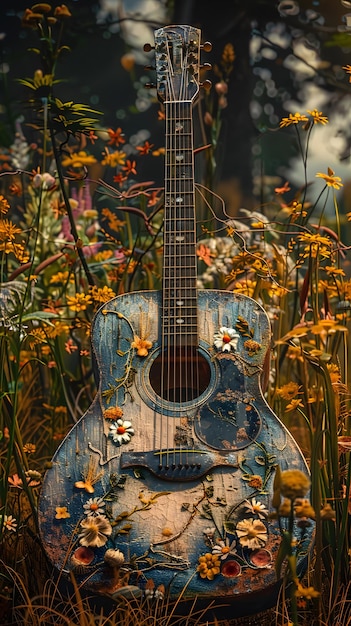 Gitarre inmitten von Blumen auf einem Feld, das städtisches Design mit der Natur kontrastiert