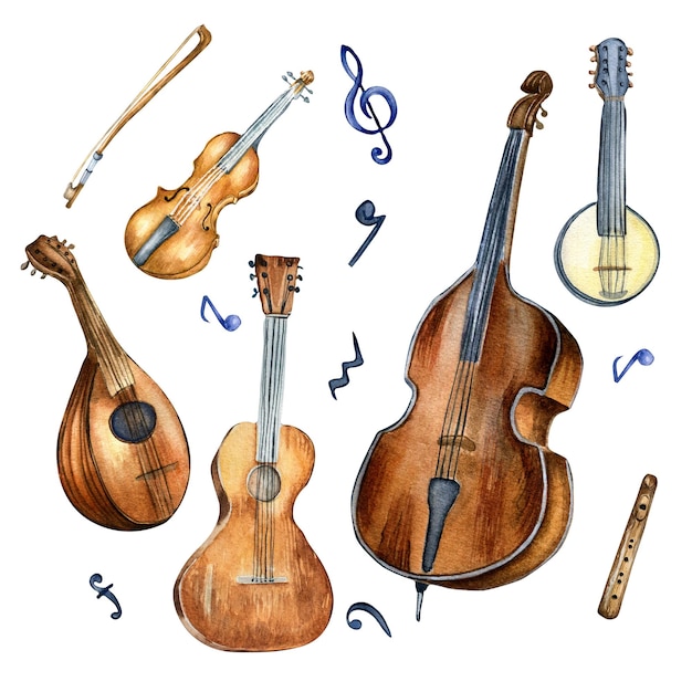 Gitarre, Violine, Kontrabass und Banjo-Mandolinen-Aquarellillustration isoliert