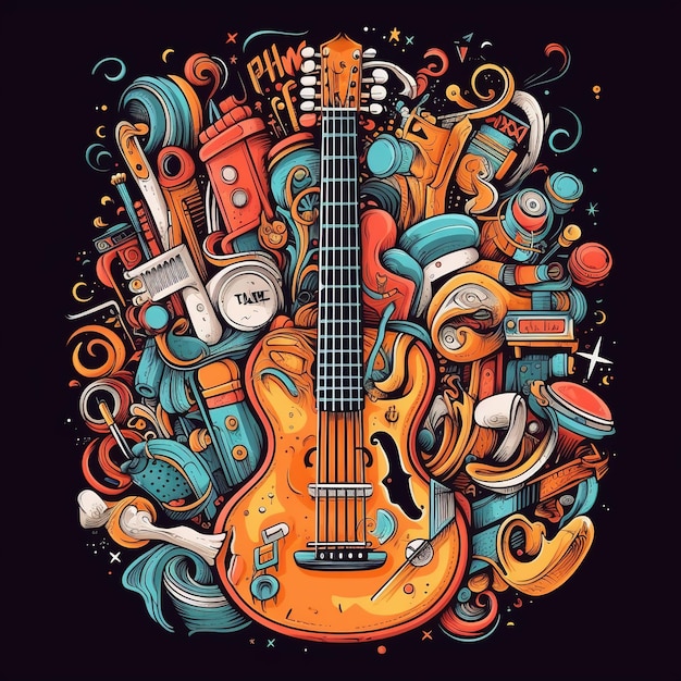Gitarrenflaches Musikfestival Illustrationsdesign für Party und Event Ai Generated