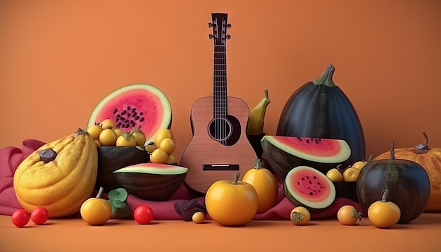 Gitarrenfrüchte und -gemüse als festliche Dekoration für Festa Junina Generative AI