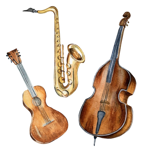 Gitarrensaxophon Kontrabass Musikinstrumente Aquarell Illustration isoliert