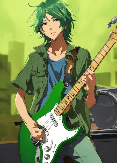 Foto gitarrenspieler farbenfrohe stratocaster teenager bühne hintergrund zelle schattiger anime-stil