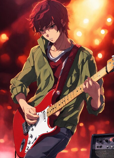 Gitarrenspieler farbenfrohe Stratocaster Teenager Bühne Hintergrund Zelle schattiger Anime-Stil