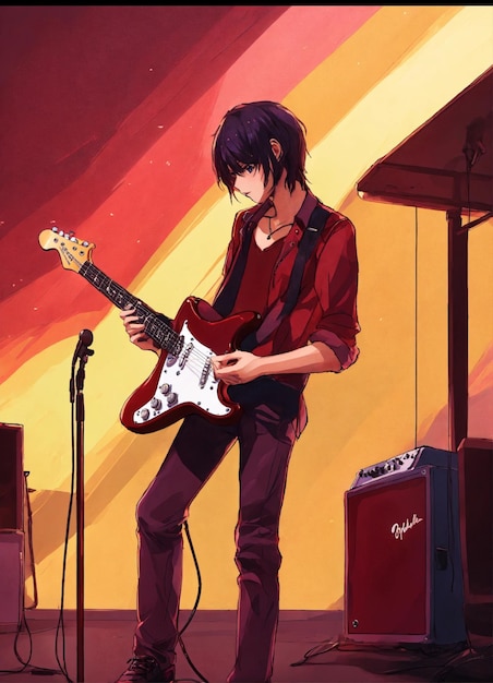 Gitarrenspieler farbenfrohe Stratocaster Teenager Bühne Hintergrund Zelle schattiger Anime-Stil